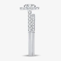 H-I / Si1-Si2) Womens CT. T.W. Lab Grown White Diamond 10K Gold Oval Side Stone Halo Bridal Set