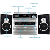 Trexonic 3-Speed Turntable With CD Player, Double Cassette Player, Bluetooth, FM Radio & USB/SD Recording