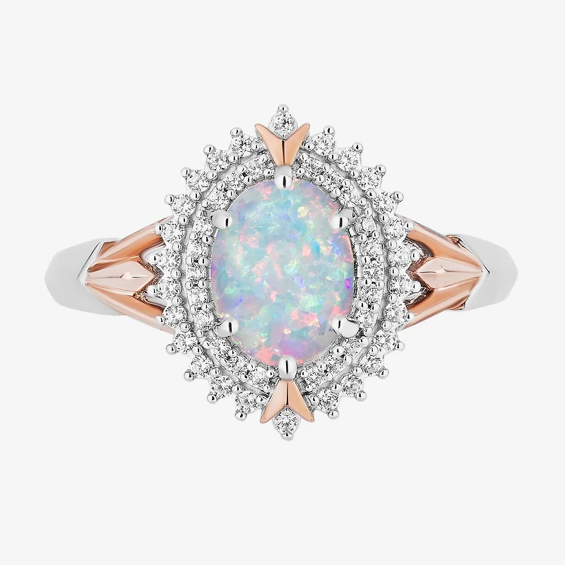 Enchanted Disney Fine Jewelry 10th Anniversary Womens 1/5 CT. Lab Created White Opal 14K Rose Gold Over Silver Sterling Silver Oval Elsa Frozen Halo Cocktail Ring