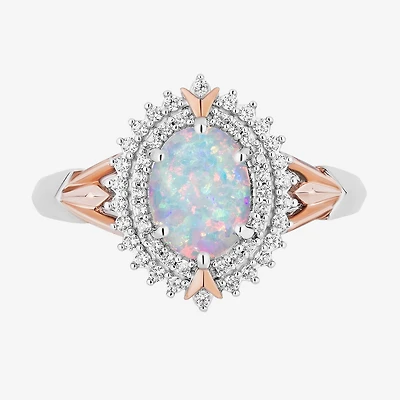 Enchanted Disney Fine Jewelry 10th Anniversary Womens 1/5 CT. Lab Created White Opal 14K Rose Gold Over Silver Sterling Oval Elsa Frozen Halo Cocktail Ring