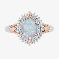 Enchanted Disney Fine Jewelry 10th Anniversary Womens 1/5 CT. Lab Created White Opal 14K Rose Gold Over Silver Sterling Silver Oval Elsa Frozen Halo Cocktail Ring