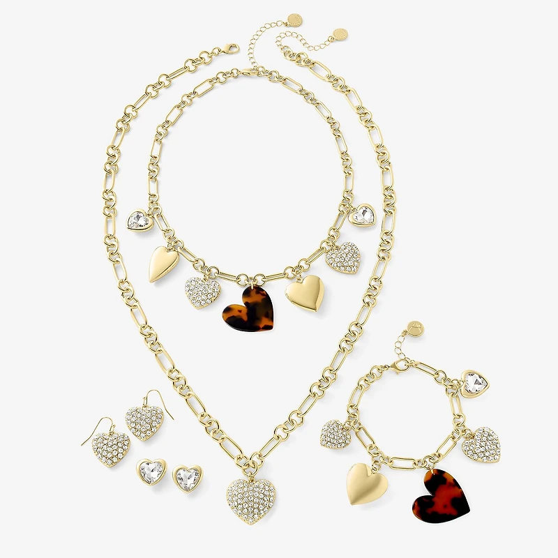 Liz Claiborne Gold Tone Pave Womens Glass Heart 28 Inch Pendant Necklace