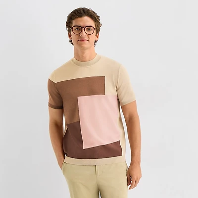 J. Ferrar Color Block Mock Neck Mens Crew Short Sleeve Pullover Sweater