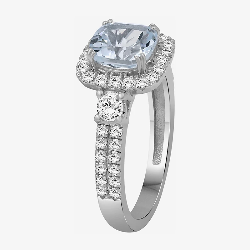Womens 3 1/2 CT. T.W Genuine Blue Aquamarine 10K Gold Cushion Halo Cocktail Ring