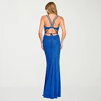 City Triangle Womens Juniors V Neck Sleeveless Spaghetti Straps Glitter Bodycon Dress