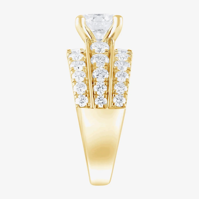 (F / Vs2) Womens 3 1/3 Ct. T.W. Lab Grown White Diamond 10K Gold Round Side Stone Engagement Ring
