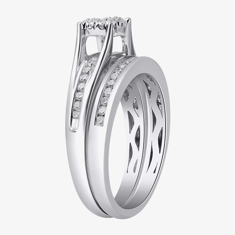 (I, I2) Womens 1/2 CT. T.W. Lab Grown White Diamond Sterling Silver Round Side Stone Halo Bridal Set