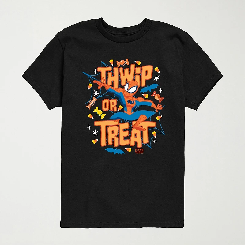 Thwip Or Treat Halloween Little & Big Kid Boys Crew Neck Short Sleeve Regular Fit Spiderman Graphic T-Shirt