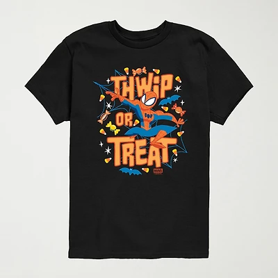Thwip Or Treat Halloween Little & Big Kid Boys Crew Neck Short Sleeve Regular Fit Spiderman Graphic T-Shirt