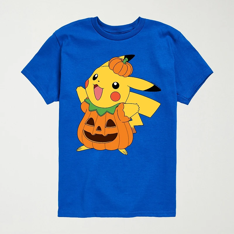 Pikachu Pumpkin Little & Big Kid Boys Crew Neck Short Sleeve Regular Fit Pokemon Graphic T-Shirt