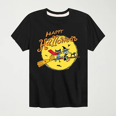 Broomstick Witch Happy Halloween Little & Big Kid Boys Crew Neck Short Sleeve Regular Fit Pete the Cat Graphic T-Shirt