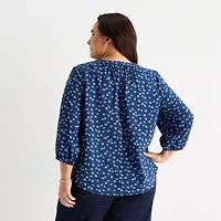 St. John's Bay Womens Plus Split Crew Neck 3/4 Sleeve Blouse
