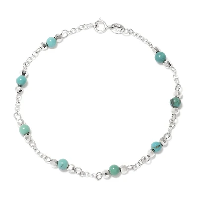 Womens Enhanced Blue Turquoise Sterling Silver Round Beaded Bracelet