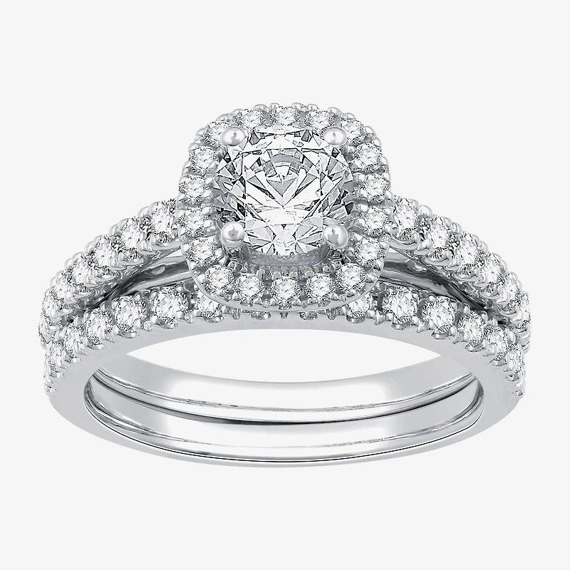 I Said Yes (G / Si1-Si2) Womens 1 1/2 CT. T.W. Lab Grown White Diamond Sterling Silver Cushion Side Stone Halo Bridal Set