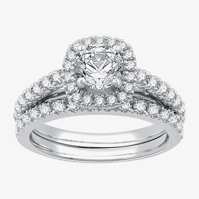 I Said Yes (G / Si1-Si2) Womens 1 1/2 CT. T.W. Lab Grown White Diamond Sterling Silver Cushion Side Stone Halo Bridal Set