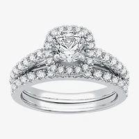 I Said Yes (G / Si1-Si2) Womens 1 1/2 CT. T.W. Lab Grown White Diamond Sterling Silver Cushion Side Stone Halo Bridal Set