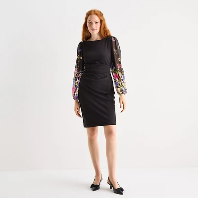 Jessica Howard Womens Round Neck Long Sleeve Floral Sheath Dress