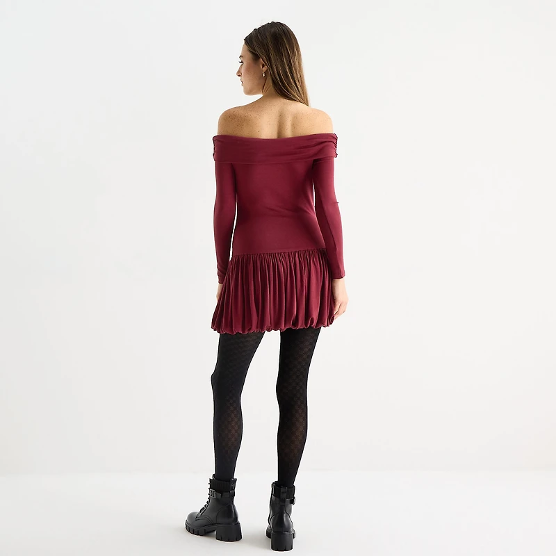 Arizona Womens Juniors Straight Neck Long Sleeve Off the Shoulder Fit + Flare Dress
