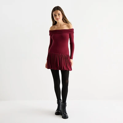 Arizona Womens Juniors Straight Neck Long Sleeve Off the Shoulder Fit + Flare Dress