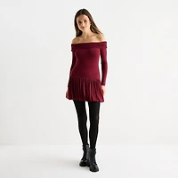 Arizona Womens Juniors Straight Neck Long Sleeve Off the Shoulder Fit + Flare Dress