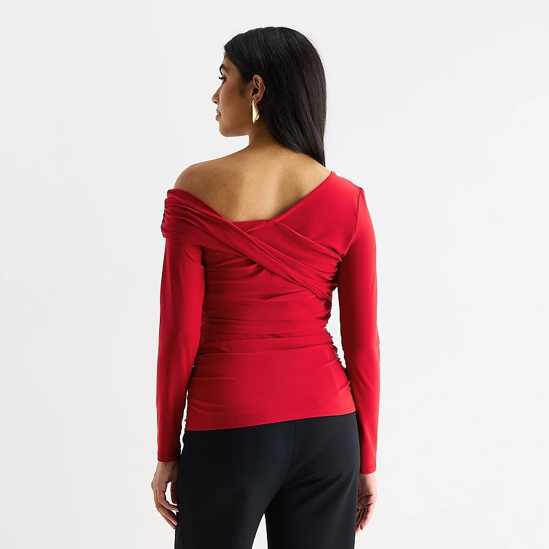 Bold Elements Womens Asymmetrical Neck Long Sleeve Blouse