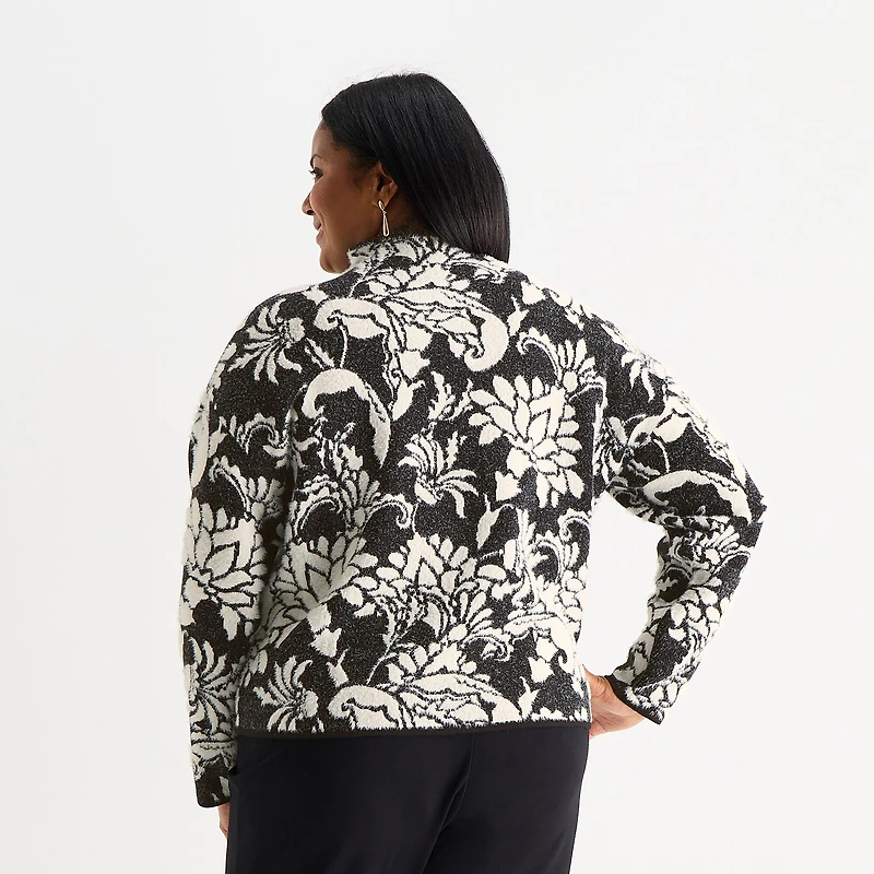 Liz Claiborne Plus Womens Funnel Neck Long Sleeve Floral Pullover Sweater