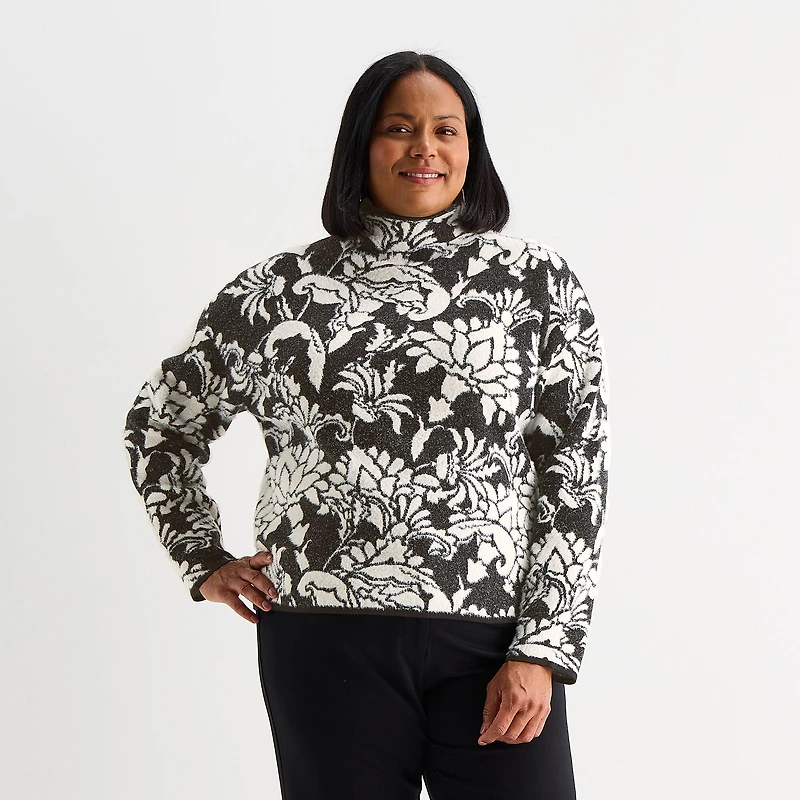 Liz Claiborne Plus Womens Funnel Neck Long Sleeve Floral Pullover Sweater