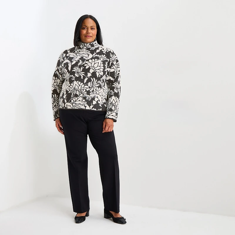 Liz Claiborne Plus Womens Funnel Neck Long Sleeve Floral Pullover Sweater