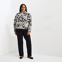 Liz Claiborne Plus Womens Funnel Neck Long Sleeve Floral Pullover Sweater