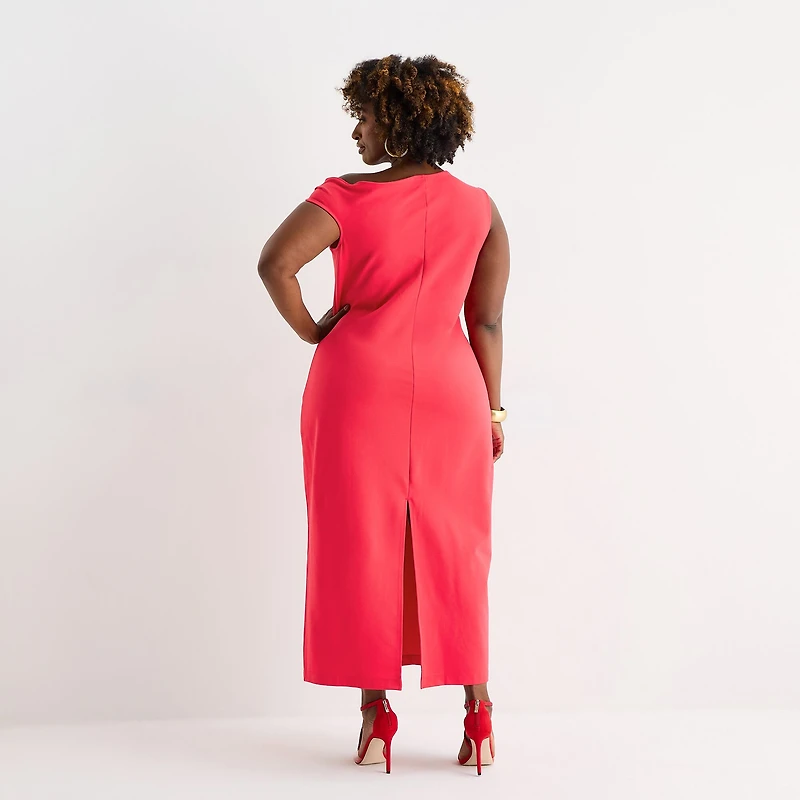 Bold Elements Womens Plus Midi Asymmetrical Neck Short Sleeve One Shoulder Bodycon Dress