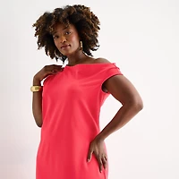 Bold Elements Womens Plus Midi Asymmetrical Neck Short Sleeve One Shoulder Bodycon Dress