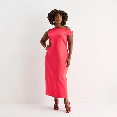 Bold Elements Womens Plus Midi Asymmetrical Neck Short Sleeve One Shoulder Bodycon Dress