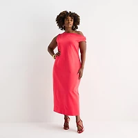 Bold Elements Womens Plus Midi Asymmetrical Neck Short Sleeve One Shoulder Bodycon Dress