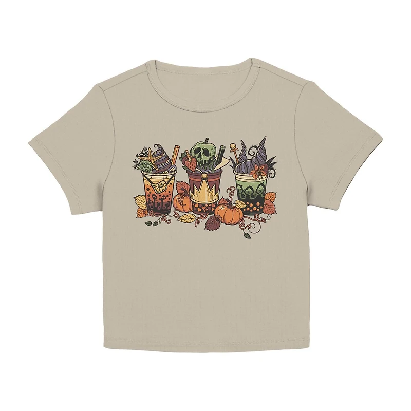 Disney Villians Fall Drinks Baby Tee Womens Juniors Crew Neck Short Sleeve Classic Fit Graphic T-Shirt