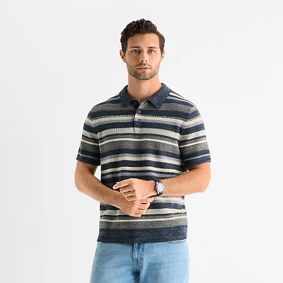 mutual weave Textured Stripe Mens Short Sleeve Button Polo Sweater