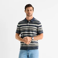 mutual weave Textured Stripe Mens Short Sleeve Button Polo Sweater