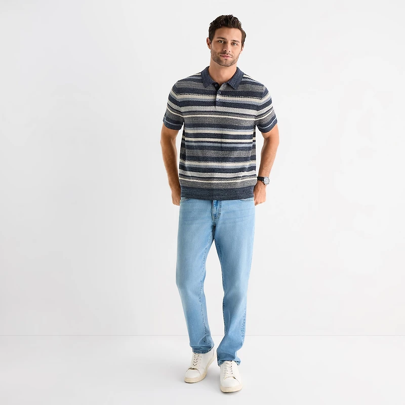 mutual weave Textured Stripe Mens Short Sleeve Button Polo Sweater