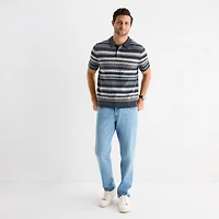 mutual weave Textured Stripe Mens Short Sleeve Button Polo Sweater