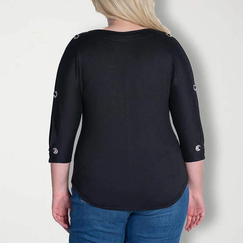 24seven Comfort Apparel Womens Plus Boat Neck 3/4 Sleeve Blouse