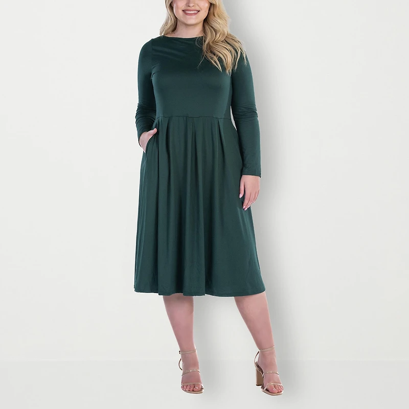 24seven Comfort Apparel Womens Plus Midi Round Neck Long Sleeve Fit + Flare Dress
