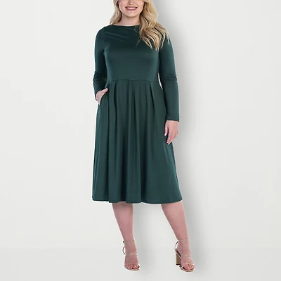 24seven Comfort Apparel Womens Plus Midi Round Neck Long Sleeve Fit + Flare Dress