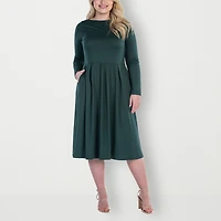 24seven Comfort Apparel Womens Plus Midi Round Neck Long Sleeve Fit + Flare Dress