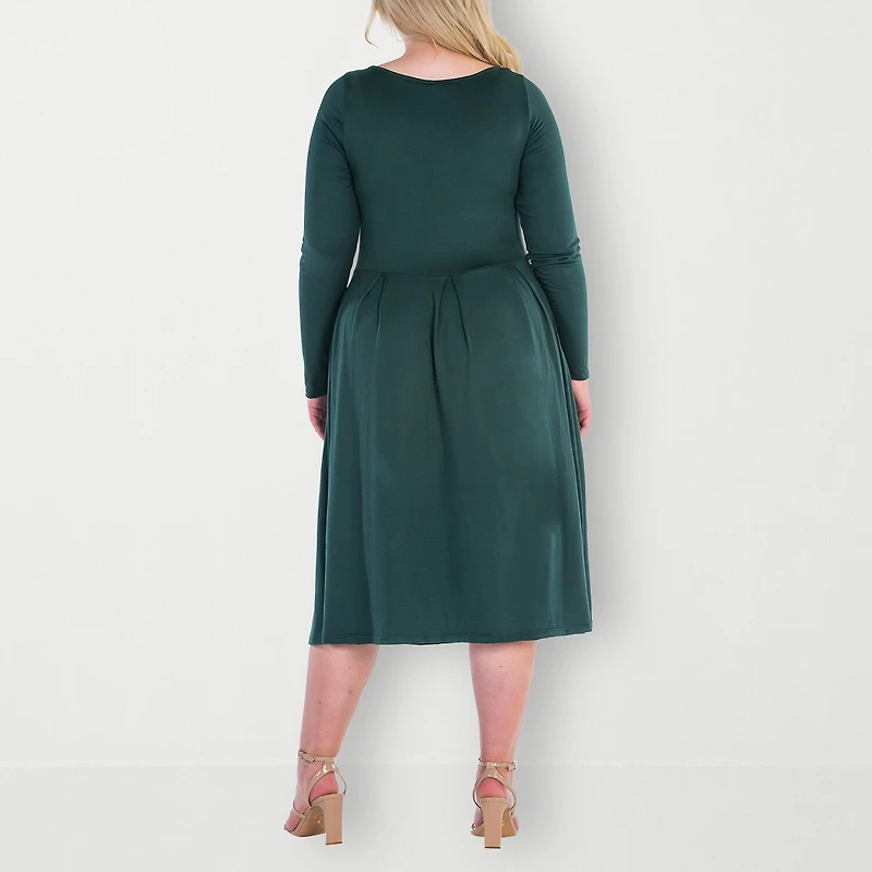 24seven Comfort Apparel Womens Plus Midi Round Neck Long Sleeve Fit + Flare Dress