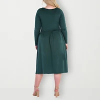 24seven Comfort Apparel Womens Plus Midi Round Neck Long Sleeve Fit + Flare Dress