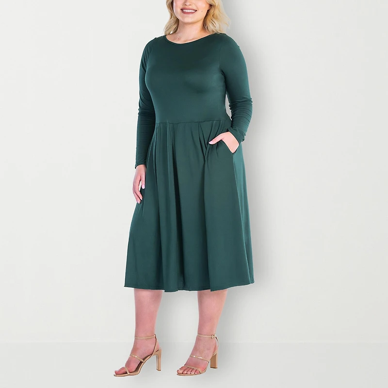 24seven Comfort Apparel Womens Plus Midi Round Neck Long Sleeve Fit + Flare Dress
