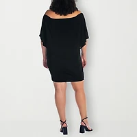 24seven Comfort Apparel Womens Plus Asymmetrical Neck Short Sleeve Shift Dress