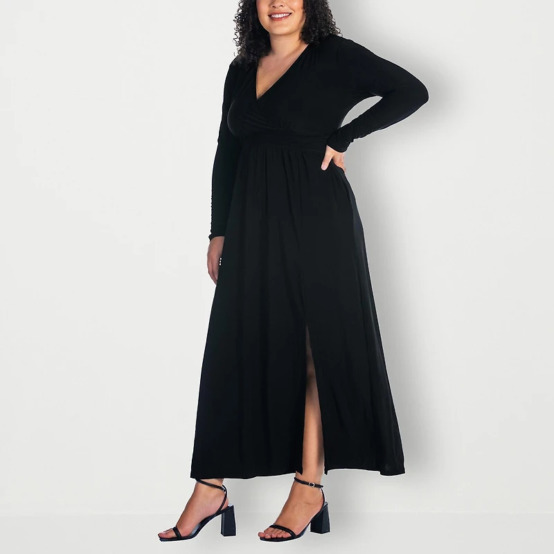 24seven Comfort Apparel Womens Plus V Neck Long Sleeve Maxi Dress