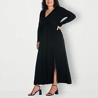 24seven Comfort Apparel Womens Plus V Neck Long Sleeve Maxi Dress