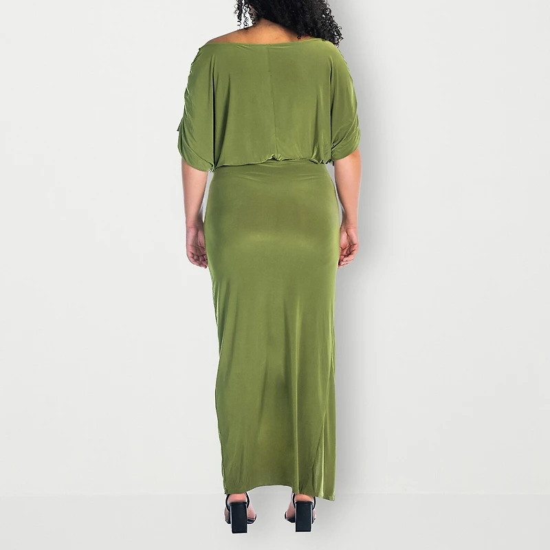 24seven Comfort Apparel Womens Plus Boat Neck Short Sleeve Maxi Dress