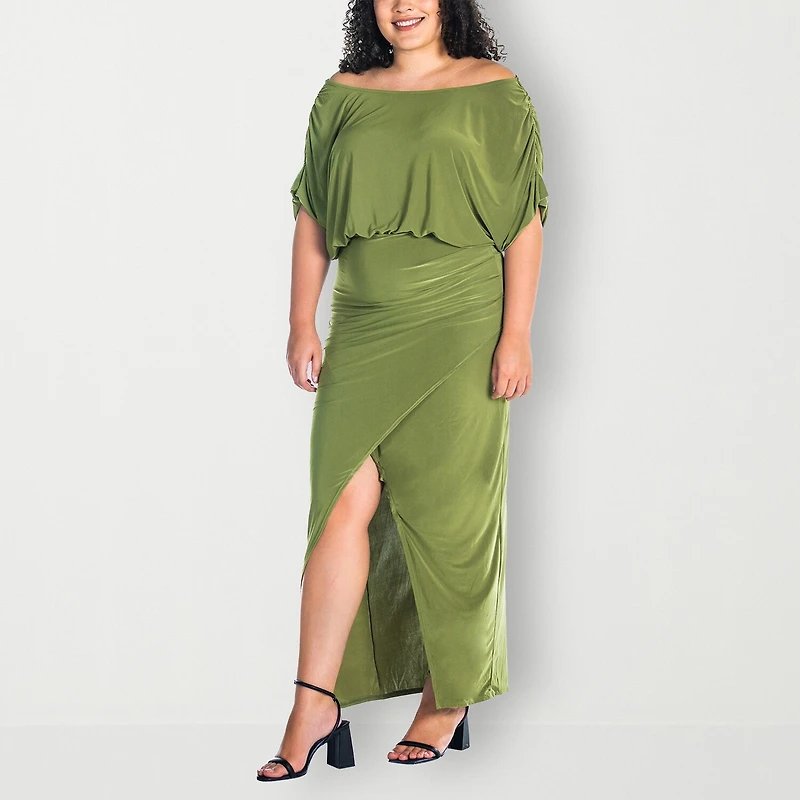 24seven Comfort Apparel Womens Plus Boat Neck Short Sleeve Maxi Dress